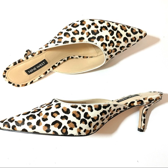 Nine West Shoes - Nine West Ali Pointy Toe Mules in Ivory Leopard Calf Hair 6.5